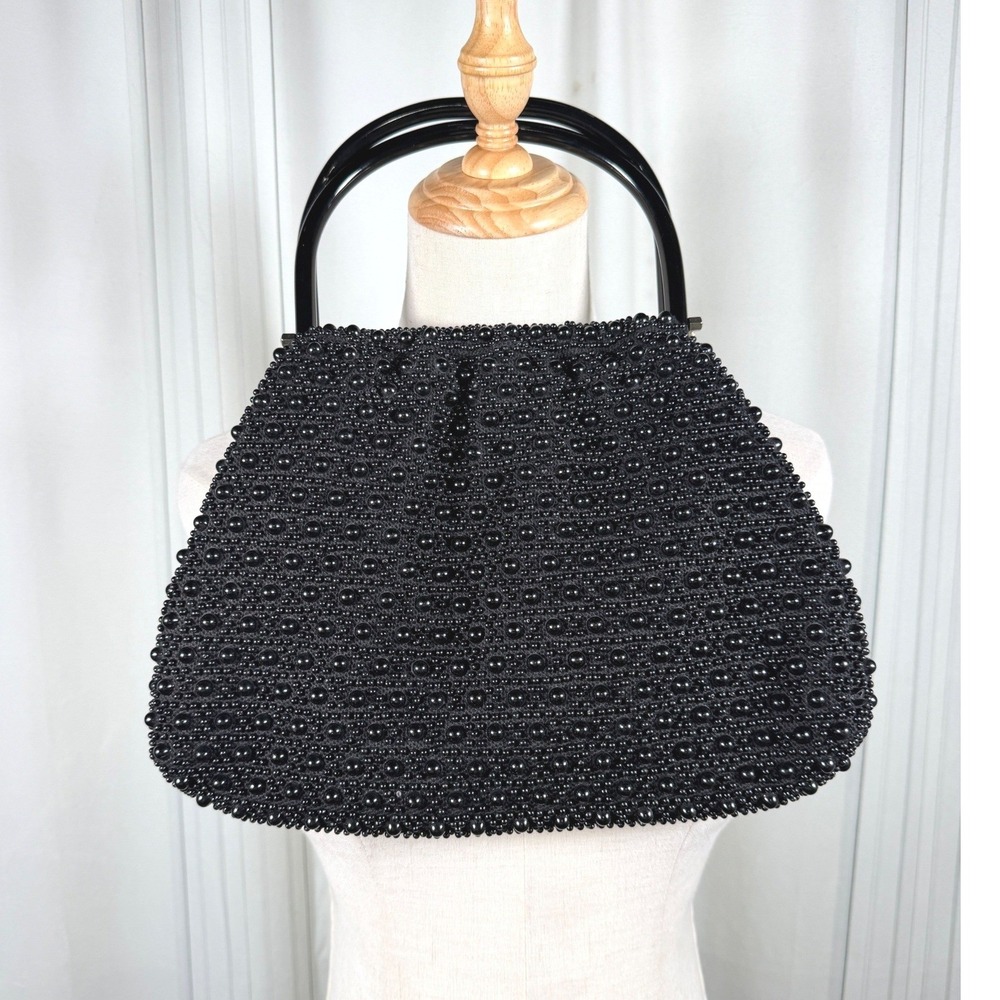 Vintage 60s JEM Hong Kong Black Caviar Beaded Top Handle Bag Lucite Pop Frame
